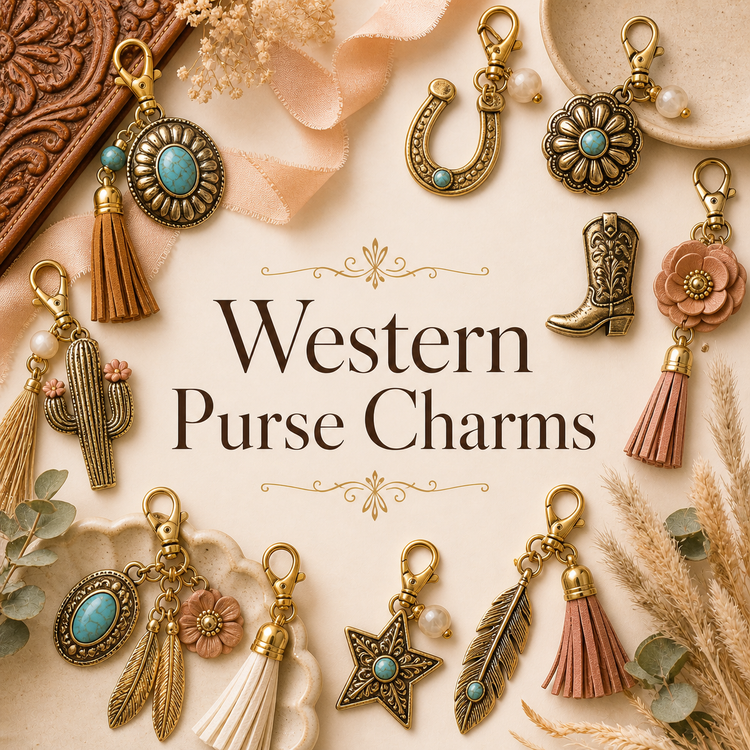 Western purse charms collection with turquoise cowgirl bag charms and rustic western details