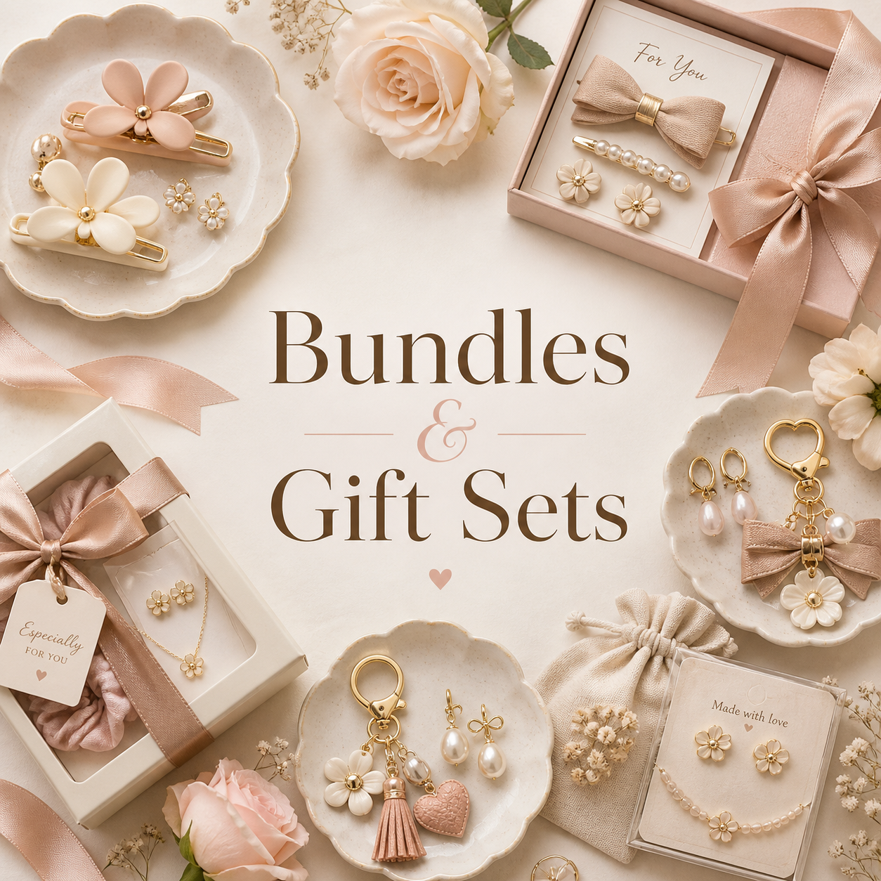 Bundles and gift sets collection with coordinated hair accessories, purse charms, and jewelry for easy gifting