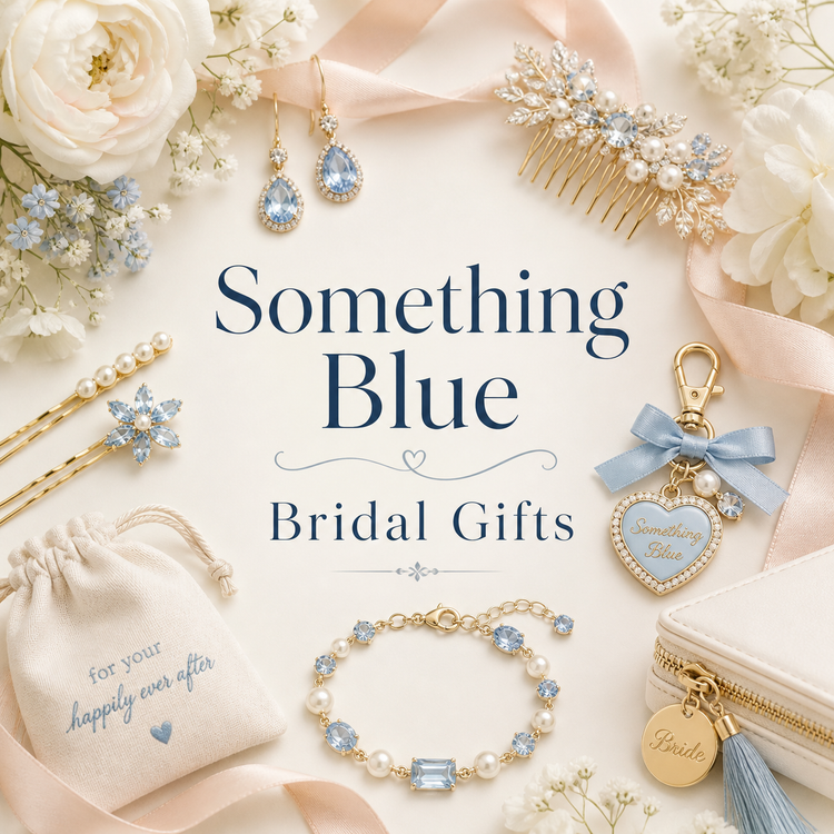 Something blue bridal gifts collection with blue wedding hair accessories for brides and bridesmaids