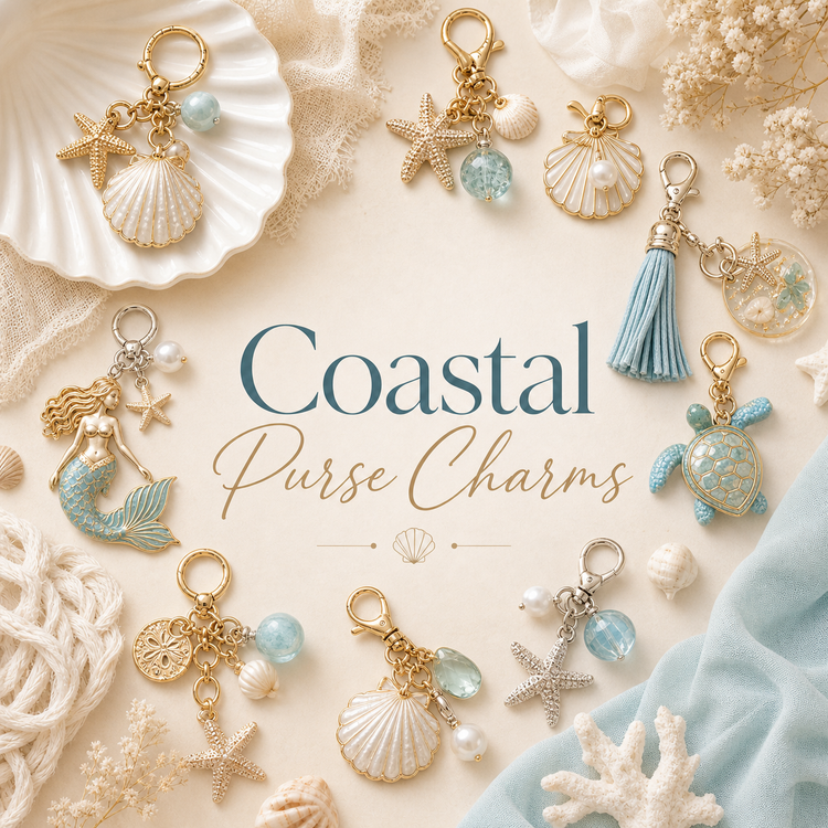 Coastal purse charms collection with beachy, mermaid, and ocean-inspired bag charms