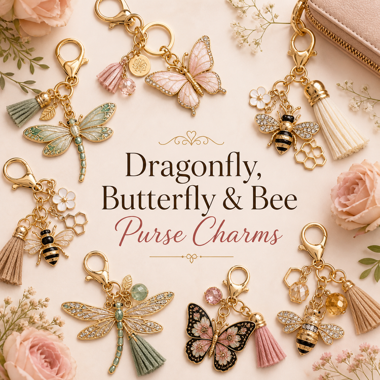 Dragonfly, butterfly, and bee purse charms collection with whimsical nature-inspired bag charms