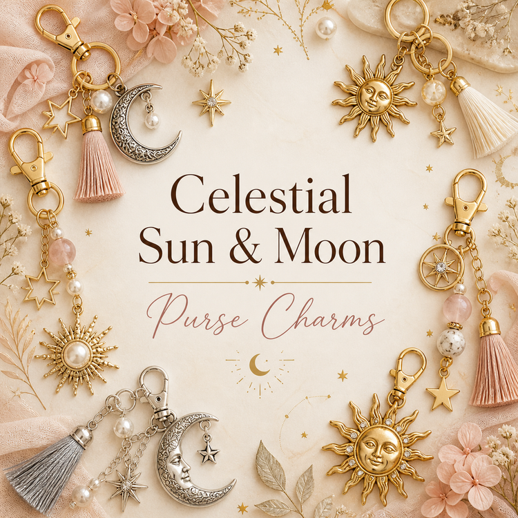 Celestial sun and moon purse charms collection with cosmic and mystical bag charms