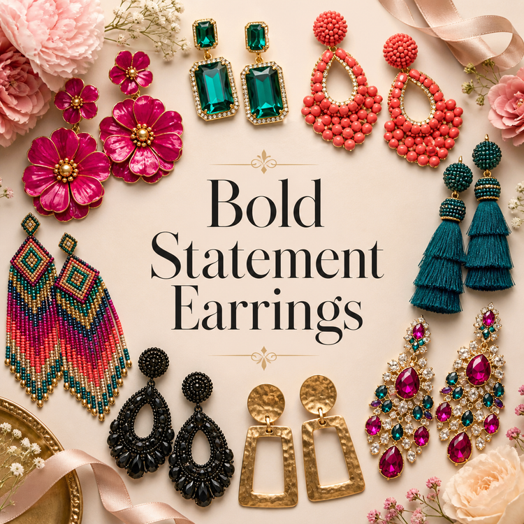 Bold statement earrings collection with colorful dangle, drop, and hoop styles