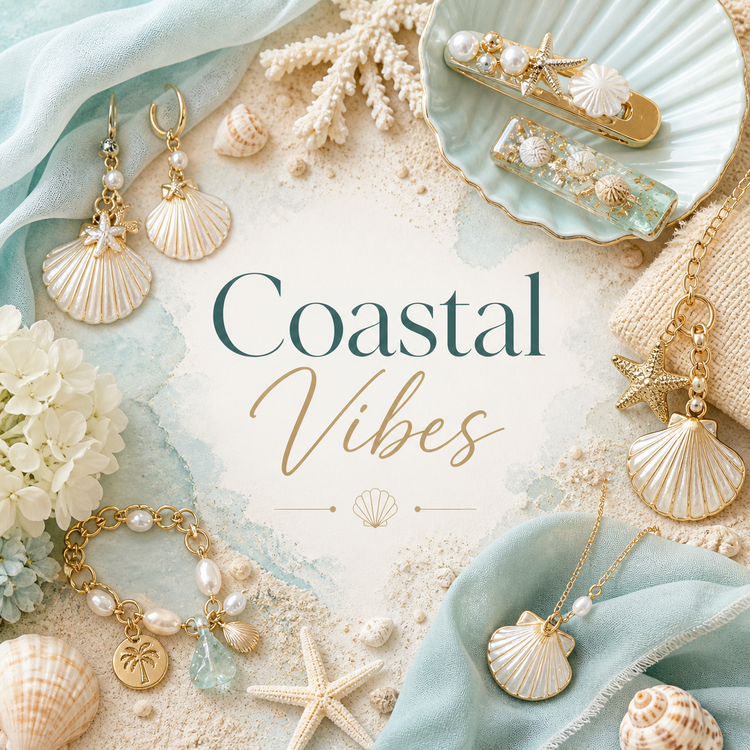 Coastal Vibes collection with beachy jewelry, hair accessories, purse charms, and ocean-inspired accessories