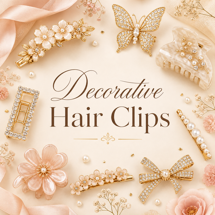 Decorative hair clips collection with floral, celestial, sparkly, and feminine styles