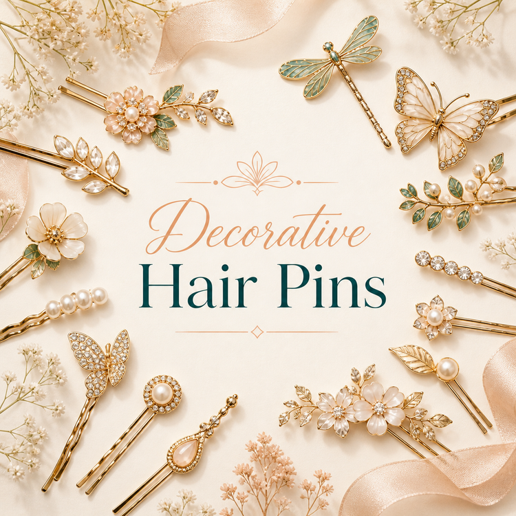 Decorative hair pins collection with floral, rhinestone, celestial, and western bobby pin styles