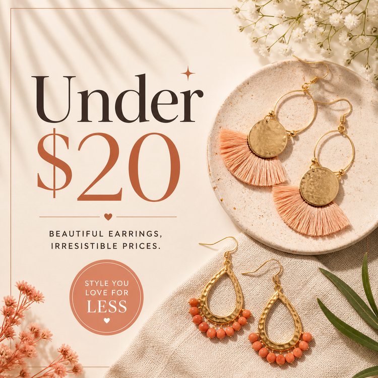Earrings under $20 collection with affordable stud, dangle, and hoop styles for gifting and everyday wear