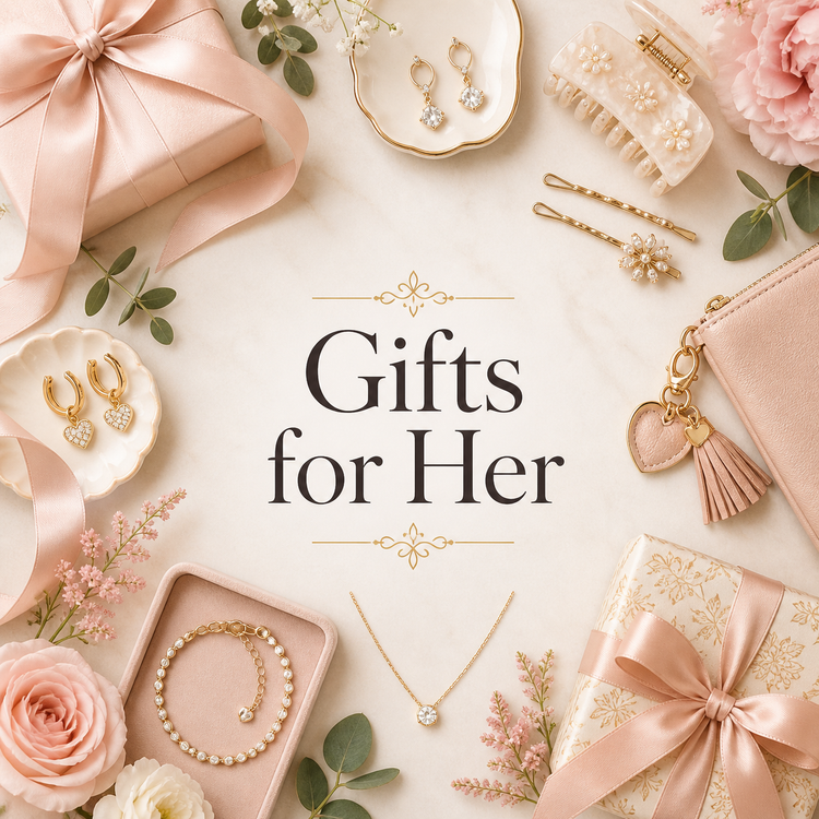 Gifts for her collection with jewelry, hair accessories, purse charms, and boutique giftable finds