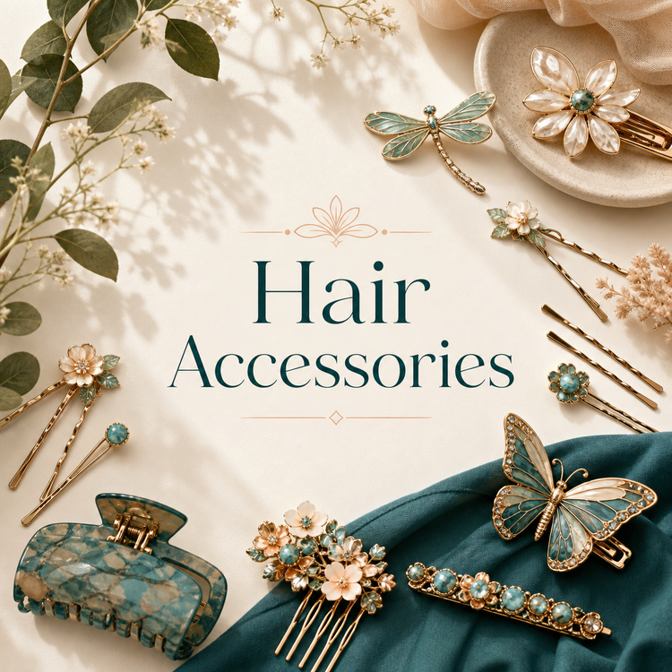 Hair accessories collection with hair pins, barrettes, and clips in western, floral, celestial, and colorful styles