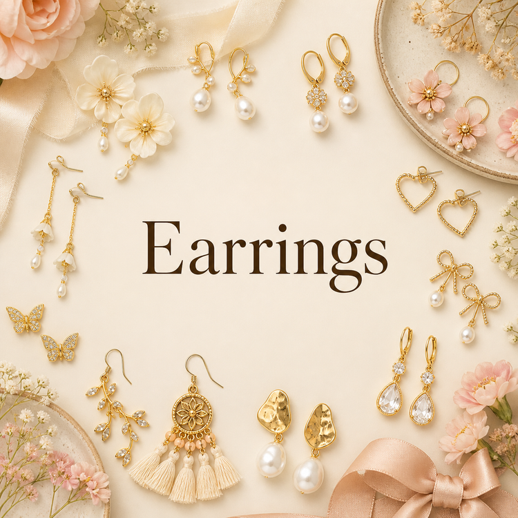 Earrings collection with stud, dangle, hoop, and statement styles in floral, celestial, western, and colorful designs