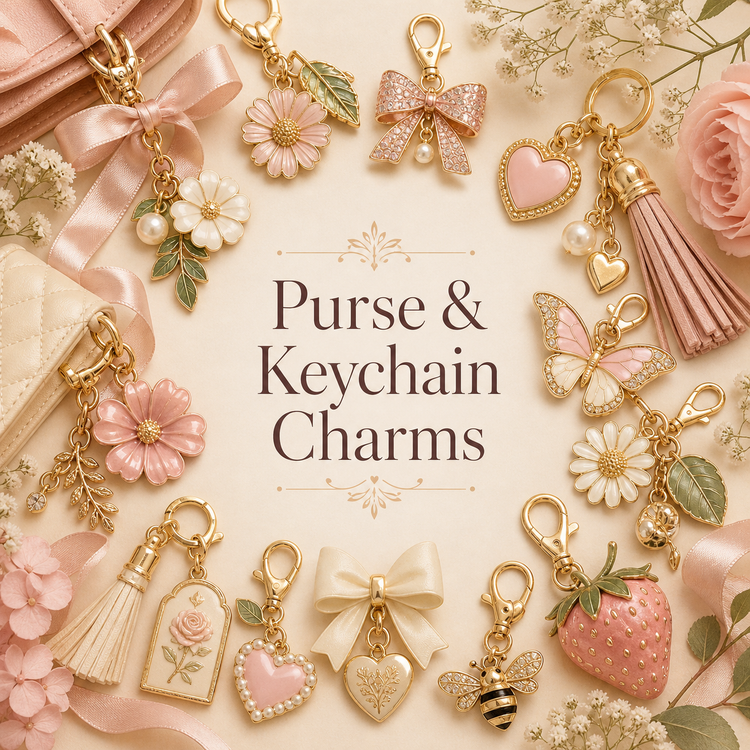 Purse charms collection with western, celestial, floral, and nature-inspired bag charms
