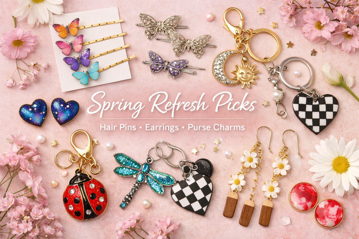 A collection of jewelry, charms and Hair accessories with butterflies & dragonflies Gift-ready styles