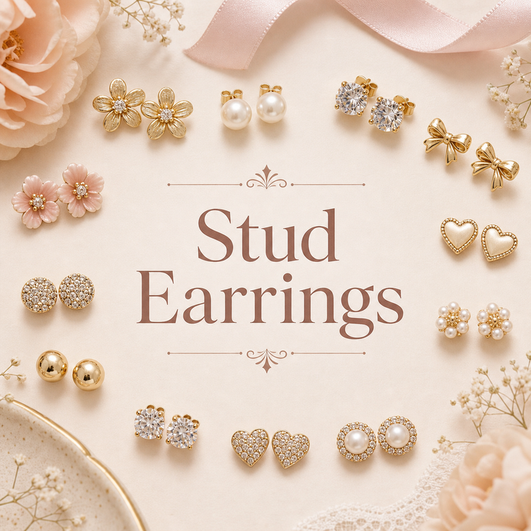 Stud earrings collection with floral, celestial, western, and colorful everyday styles