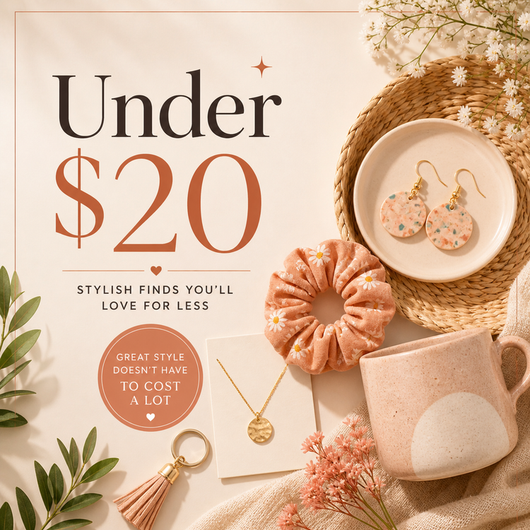 Gifts under $20 collection with affordable hair accessories, earrings, purse charms, bracelets, and boutique giftable finds