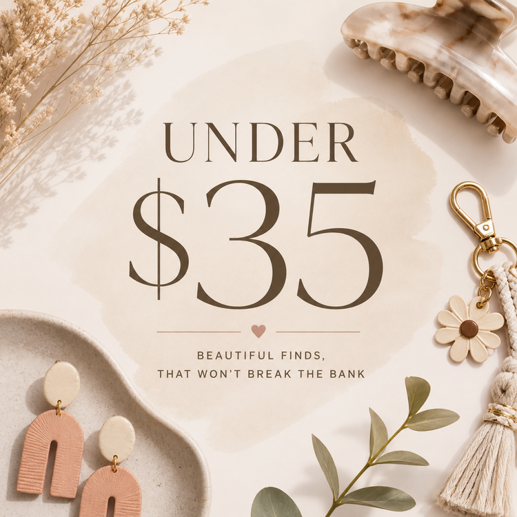 Gifts under $35 collection with boutique jewelry, hair accessories, purse charms, and giftable finds