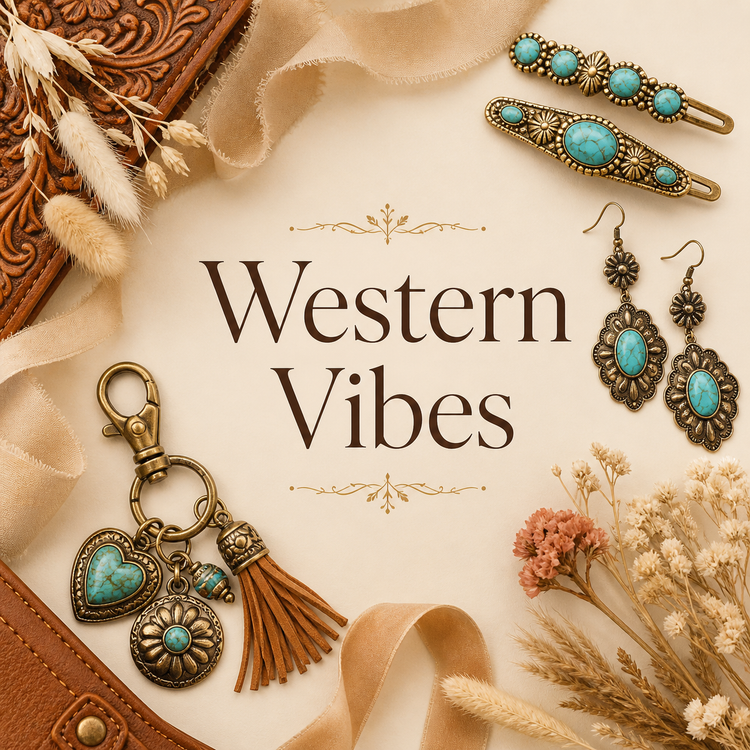 Western Vibes collection with turquoise western jewelry, hair accessories, and cowgirl-inspired purse charms.