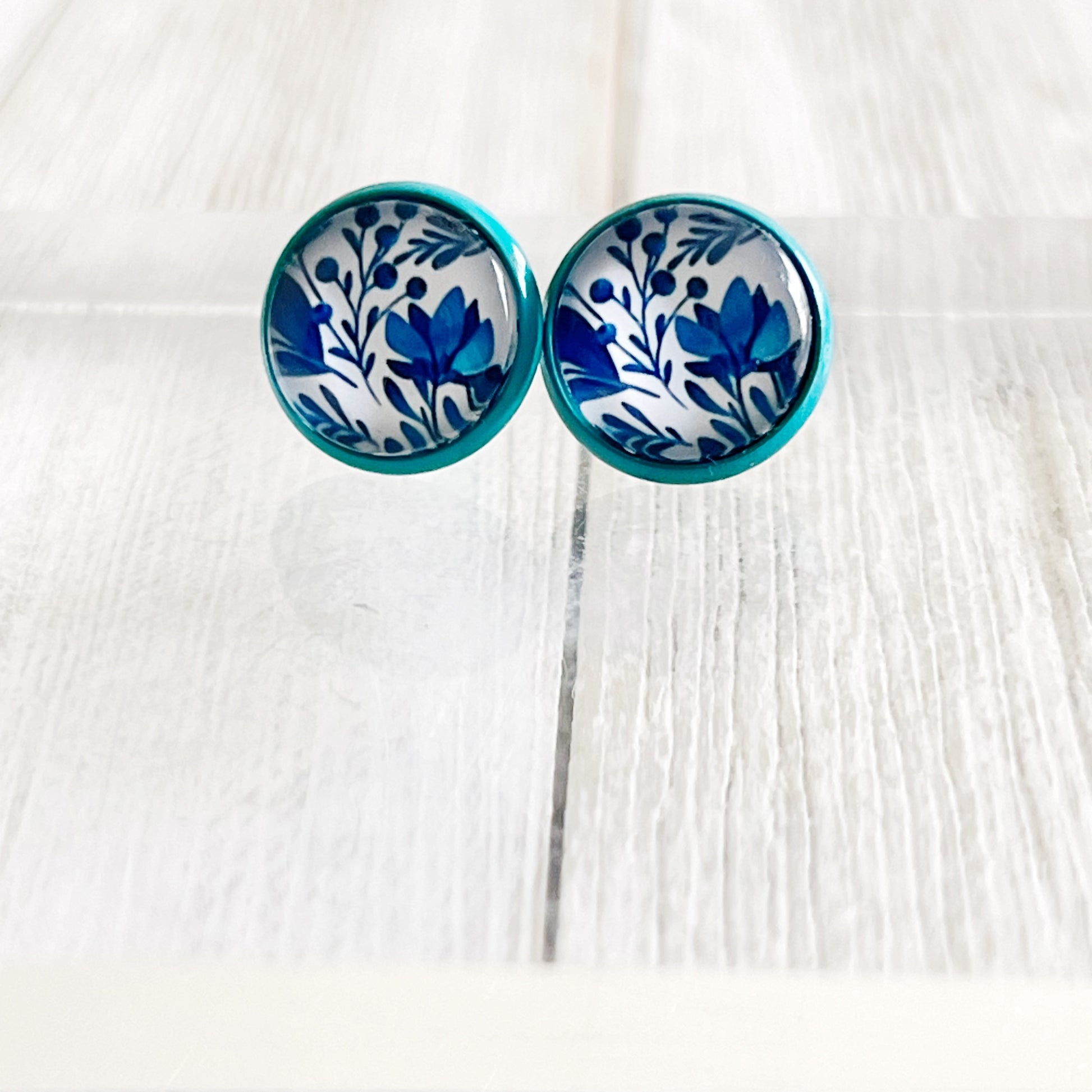 Blue Floral Stud Earrings – Round Botanical Jewelry in Teal Bezel