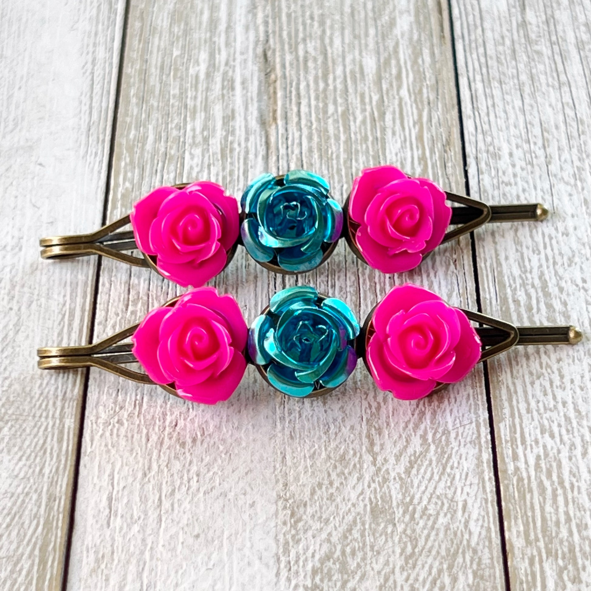 Hot Pink & Teal Rose Hair Pins – Bold Floral Hair Clips with Metallic Accent