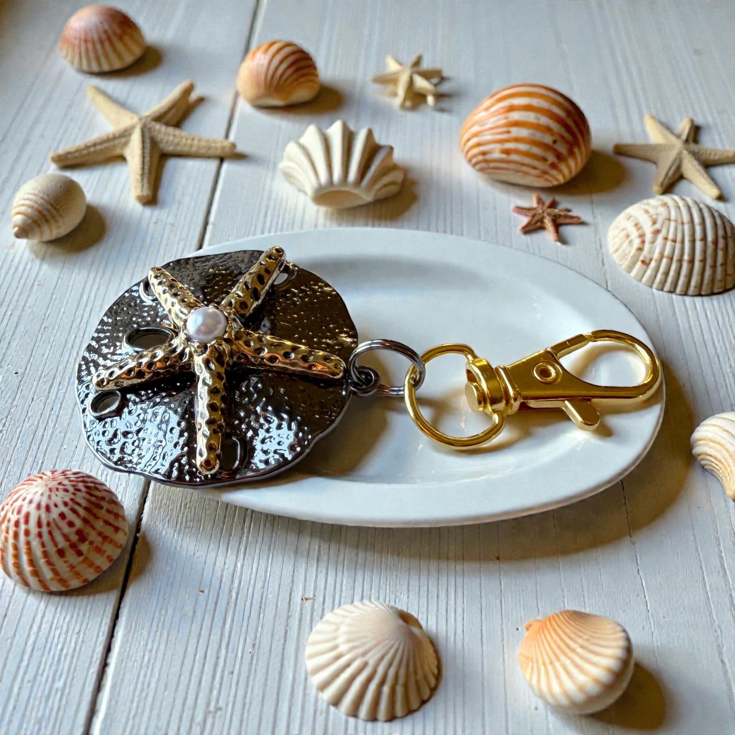 Sand Dollar Starfish Purse Charm – Coastal Boho Bag Accessory