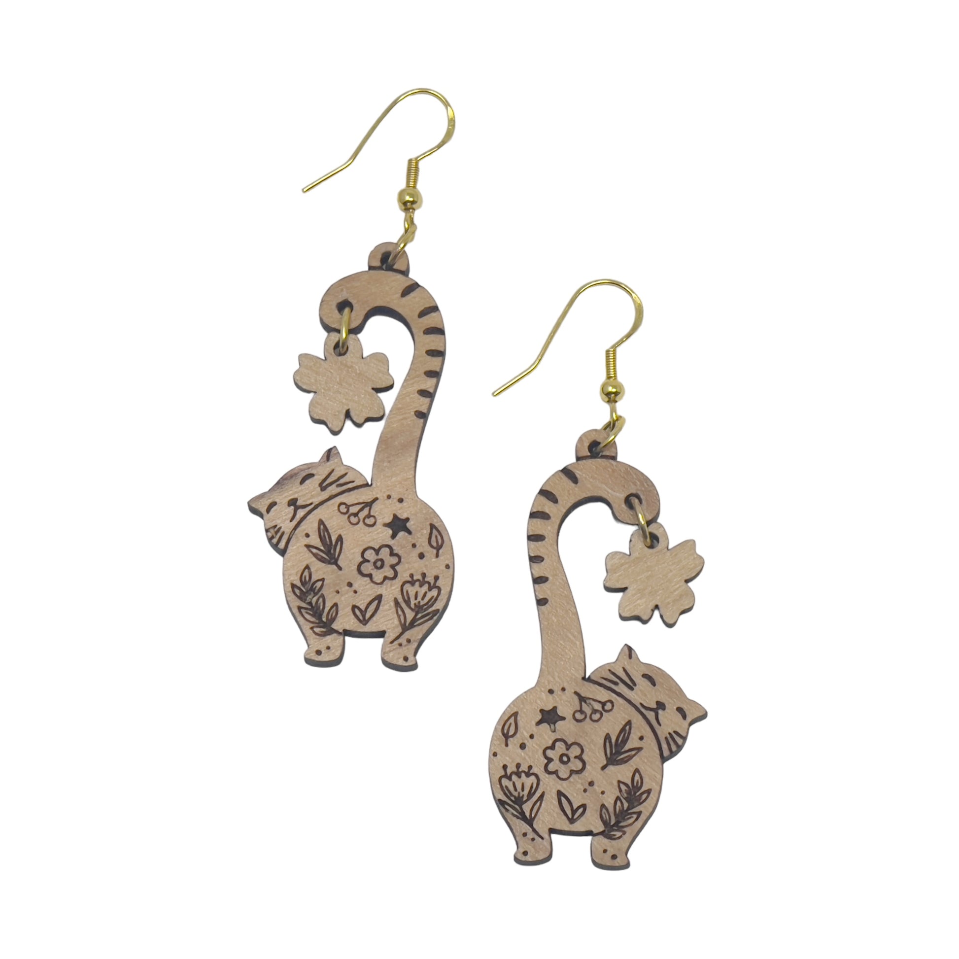 Cat Earrings, Wood Dangle Flower Earrings, Cute Feline Spring Gifts for Cat Lover Girlfriend, Adorable Animal Jewelry, Womens Earring Sets