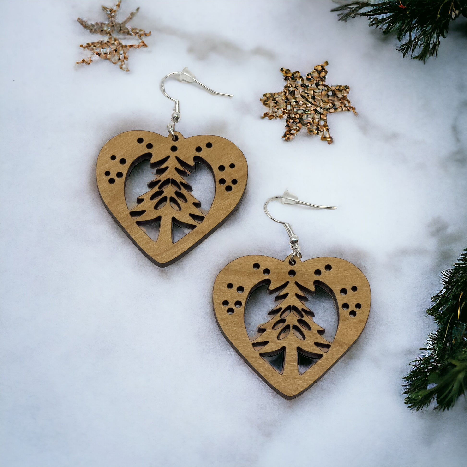 Heart Tree Cutout Earrings – Wooden Christmas Forest Dangles with Gold Hooks