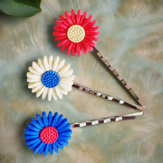 Red, White & Blue Flower Hair Pins - Set of 3 Fourth of July Bobby Pins