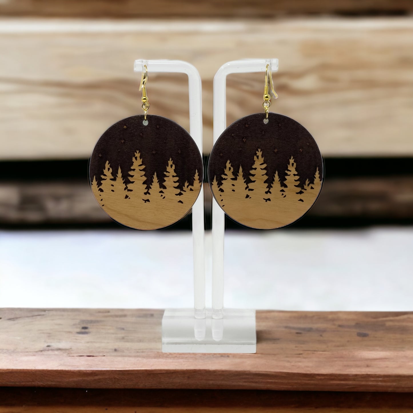 Starry Forest Circle Earrings – Dark Wood Nighttime Tree Line Jewelry