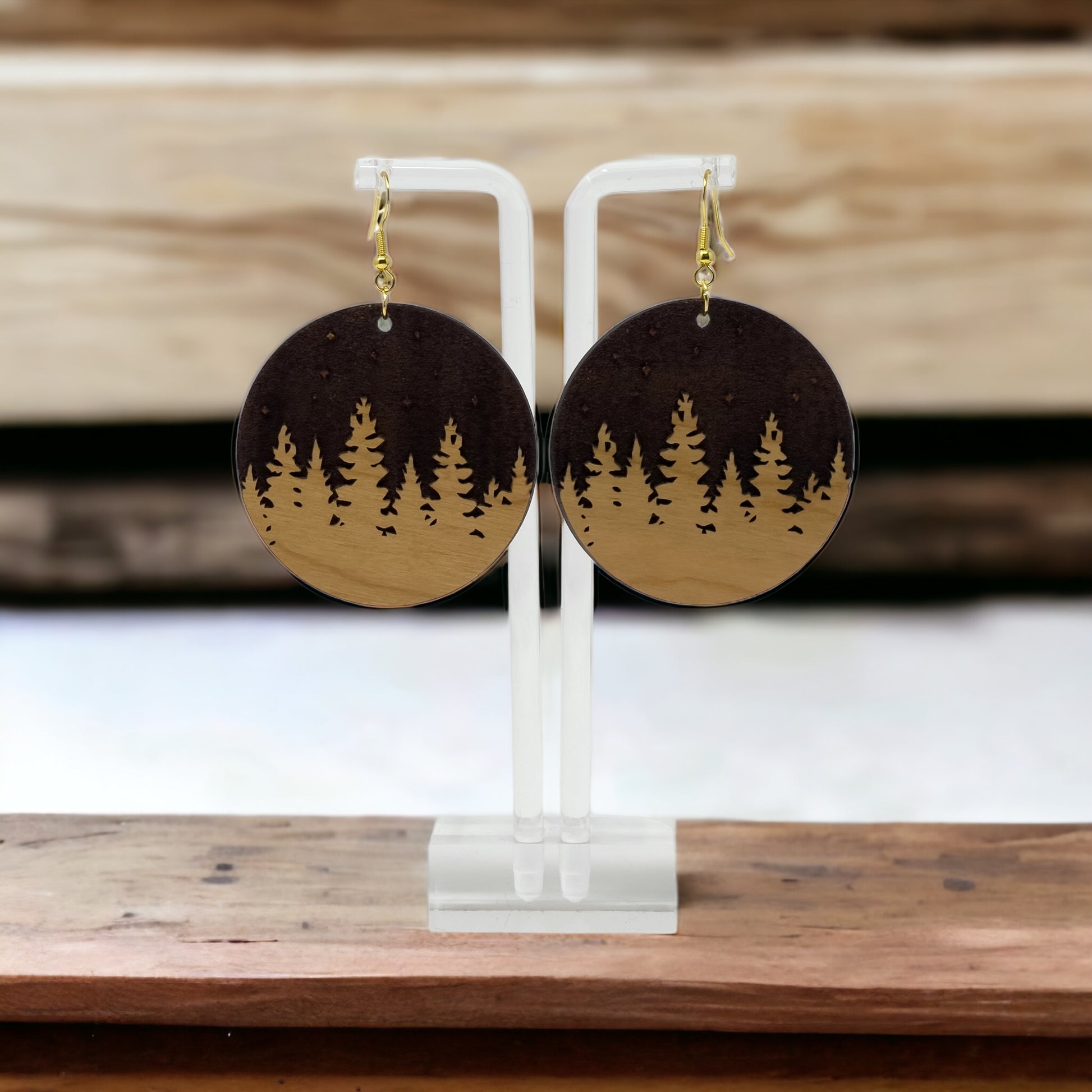 Starry Forest Circle Earrings – Dark Wood Nighttime Tree Line Jewelry