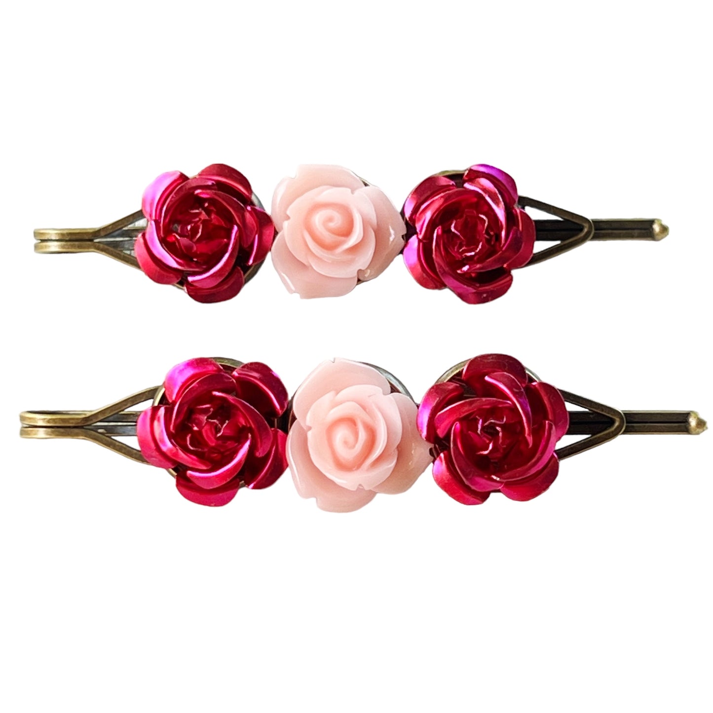 Red & Pink Rose Hair Pins – Romantic Vintage-Inspired Floral Hair Clips