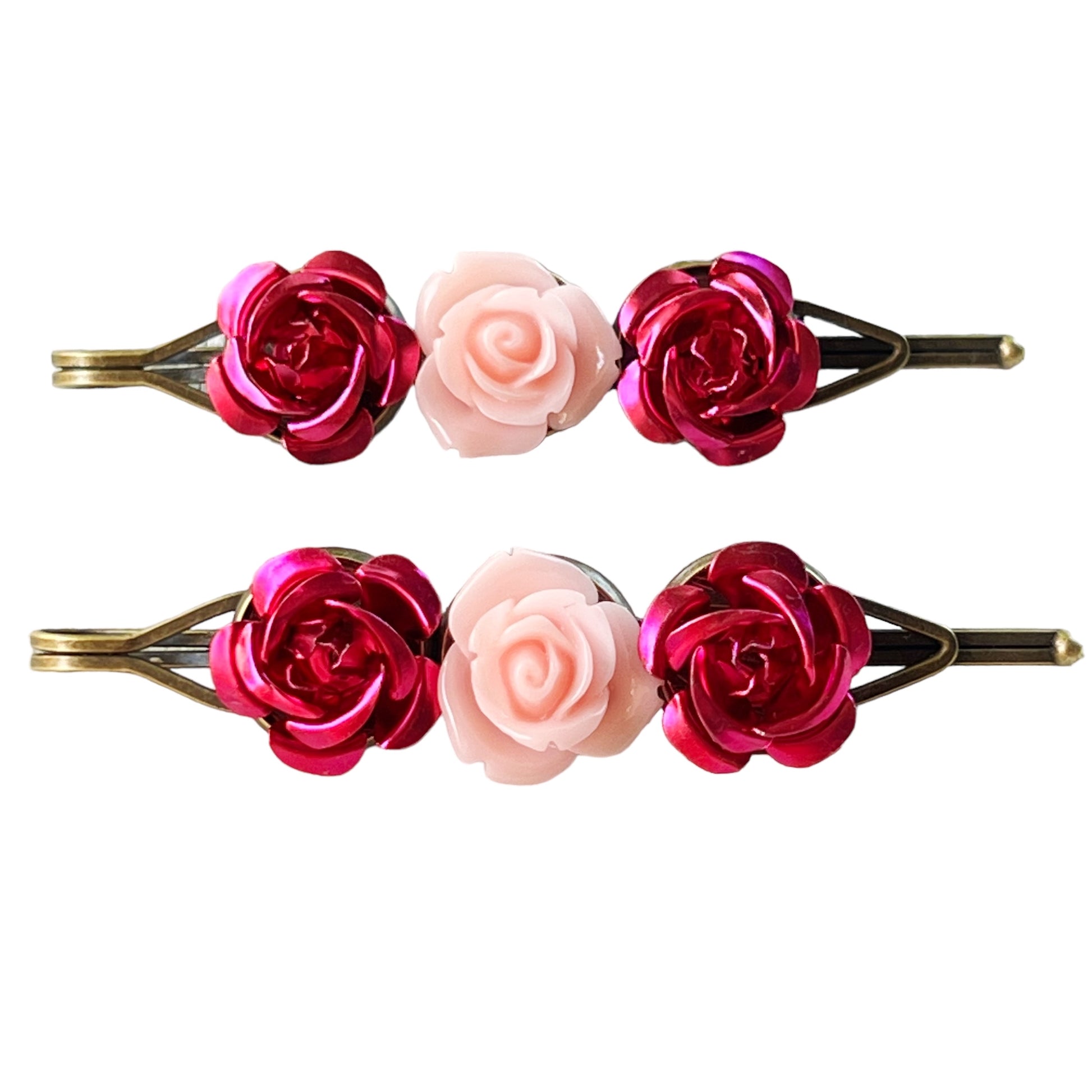 Red & Pink Rose Hair Pins – Romantic Vintage-Inspired Floral Hair Clips
