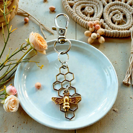 Bee & Honeycomb Purse Charm – Gold & Silver Bee Keychain for Women