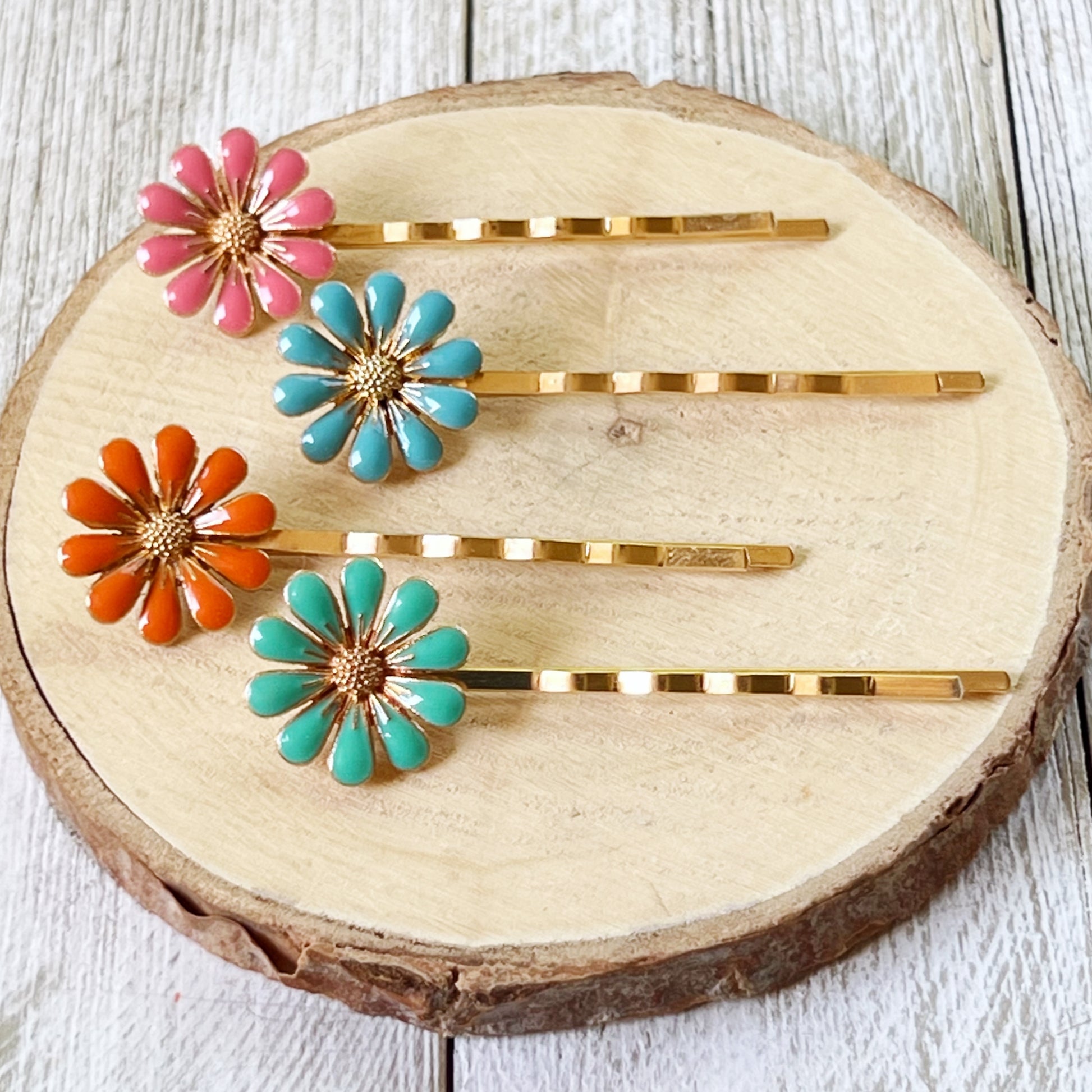 Colorful Daisy Hair Pins – Gold Bobby Pin Set with Enamel Flower Accents
