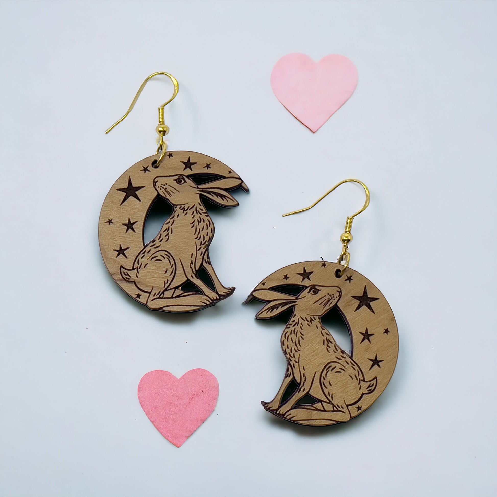 Moonlit Rabbit Earrings – Wooden Celestial Forest Jewelry with Gold Hooks