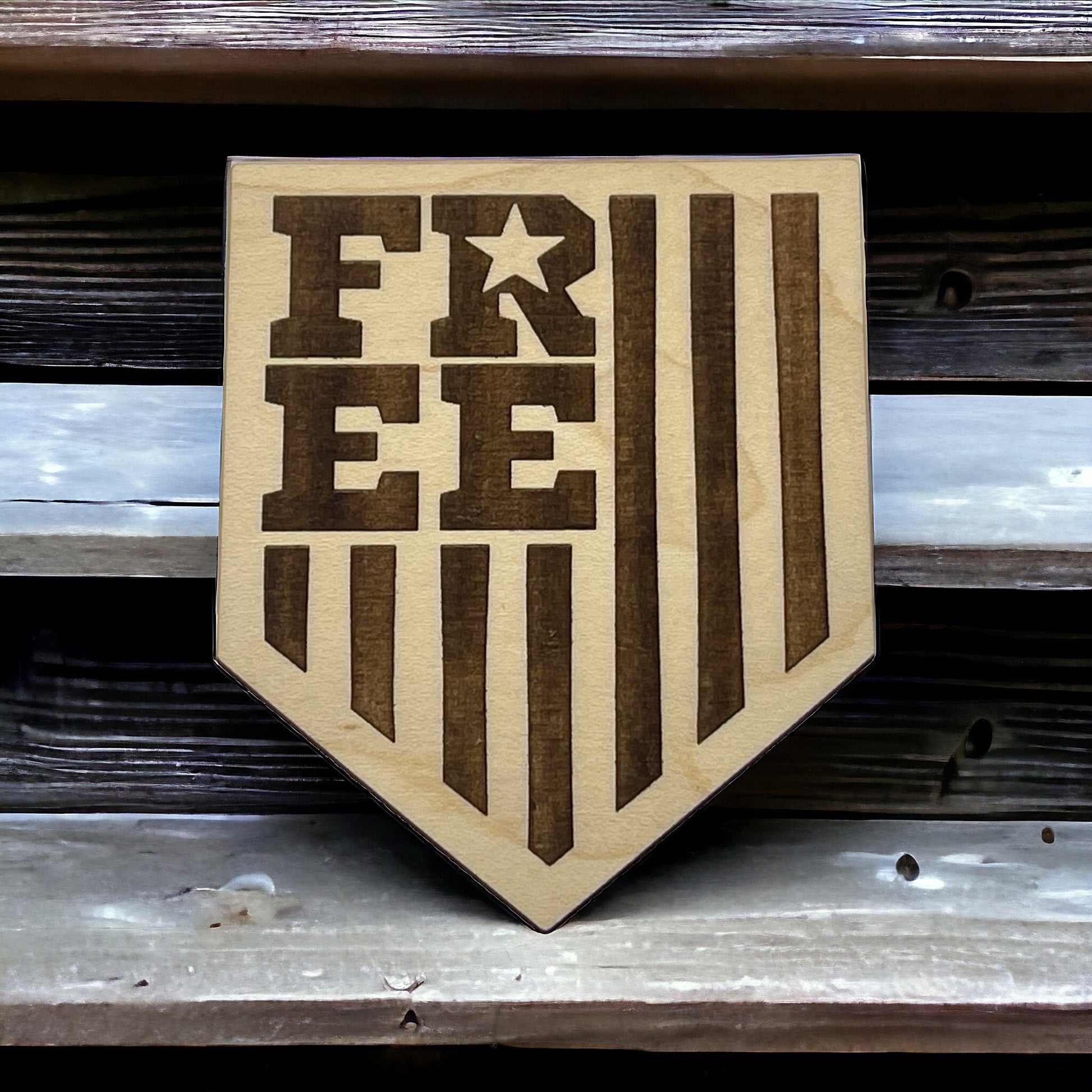 Bold Free Shield Magnet – Patriotic Wooden Decor Gift