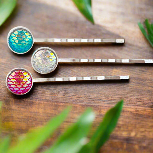 Silver Mermaid Hair Pins: Set of 3 in Pink, White, & Blue Colors