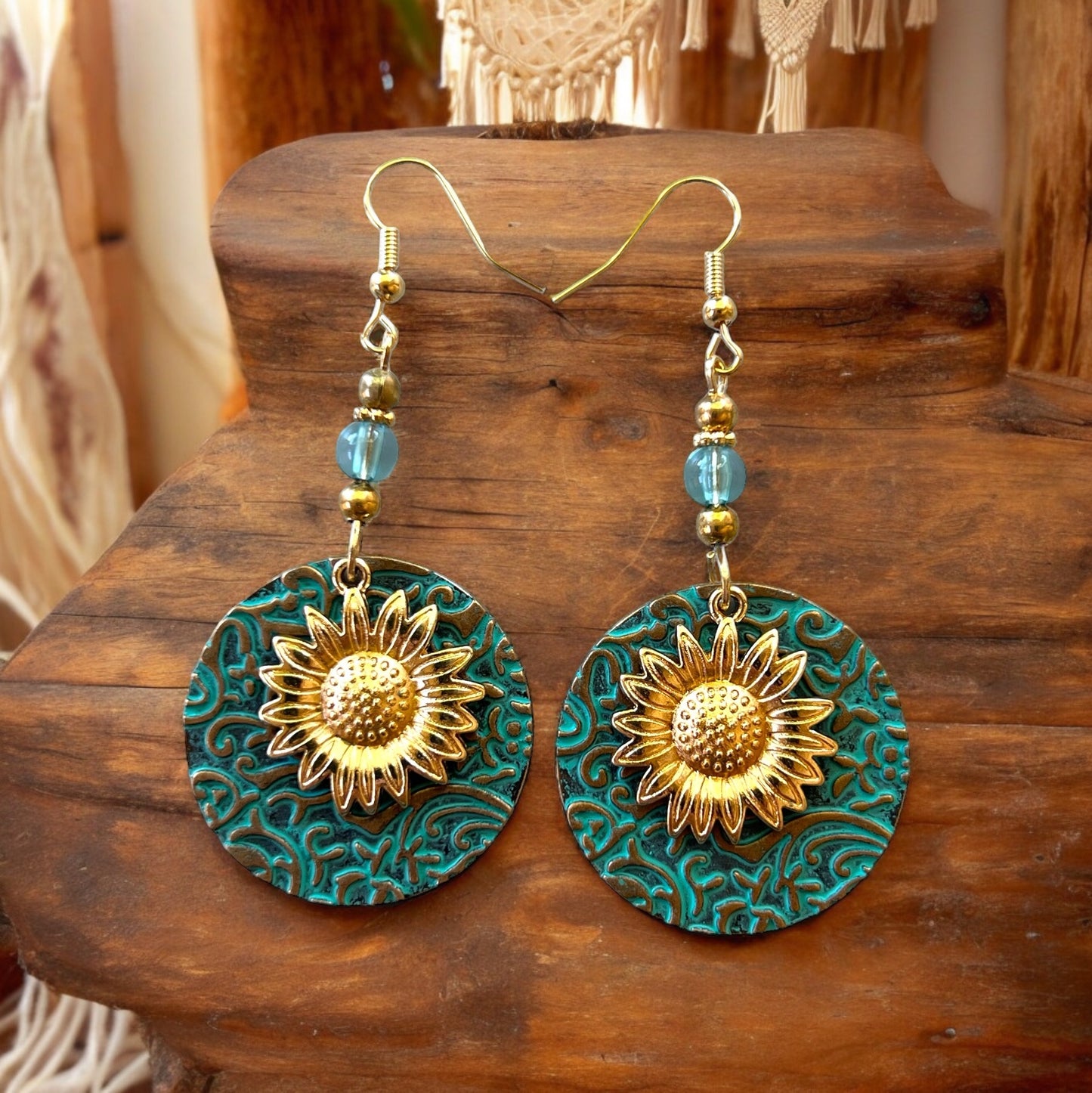 Patina Metal Dangle Earrings – Gold Sunflower Design