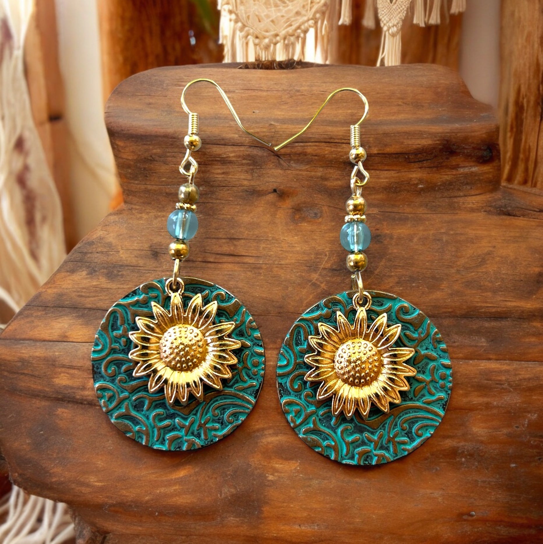 Patina Metal Dangle Earrings – Gold Sunflower Design
