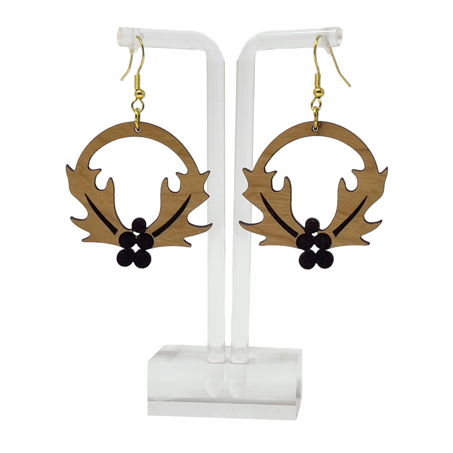 Wooden Holly Wreath Earrings – Holiday Leaf & Berry Laser Cut Jewelry