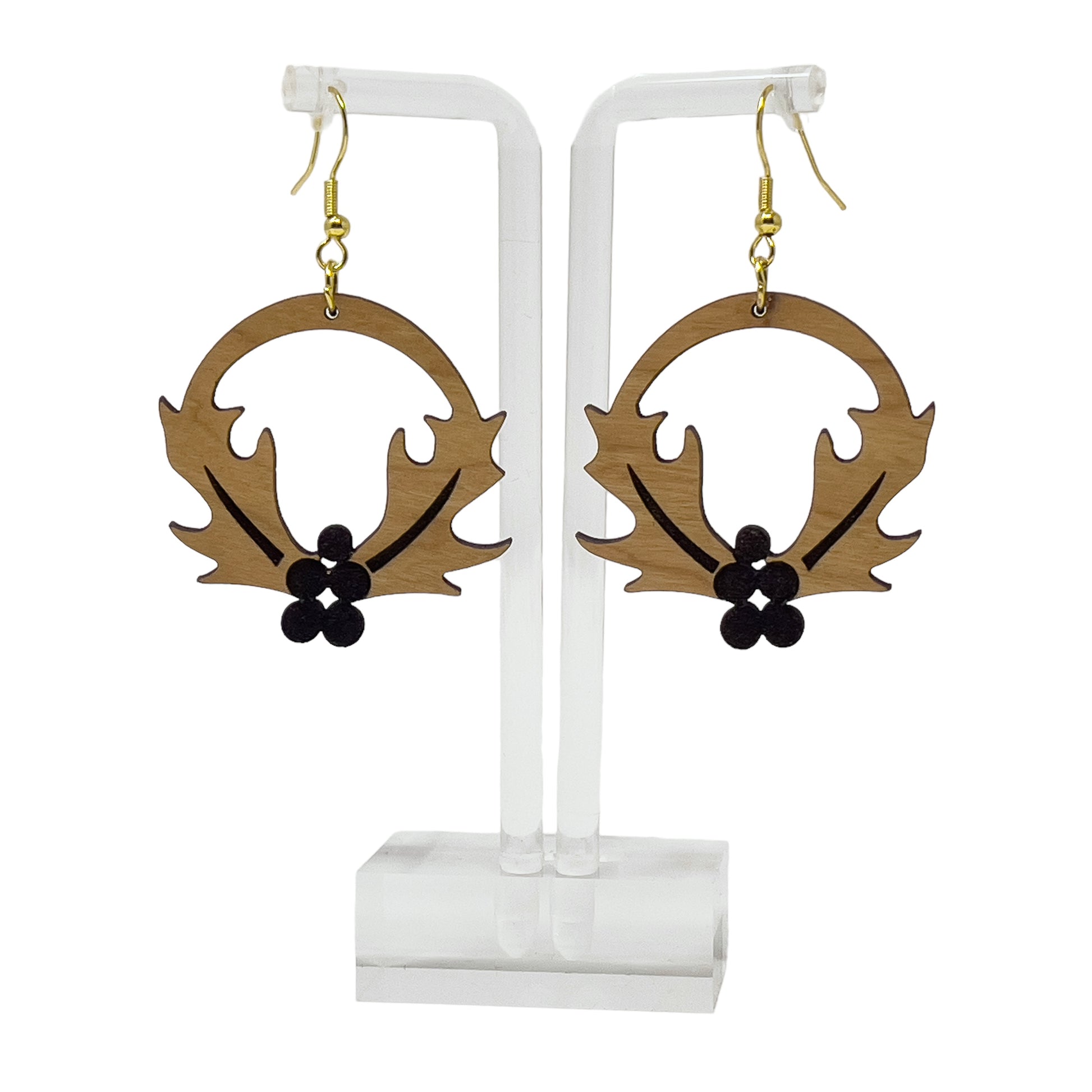 Wooden Holly Wreath Earrings – Holiday Leaf & Berry Laser Cut Jewelry