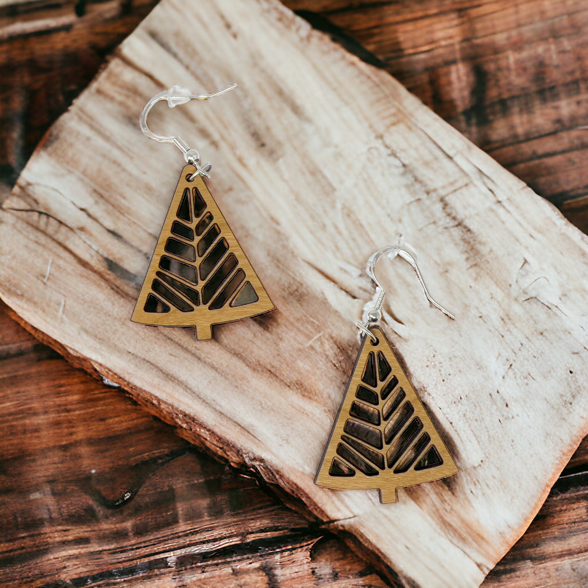 Geometric Tree Cutout Earrings – Modern Wooden Holiday Jewelry
