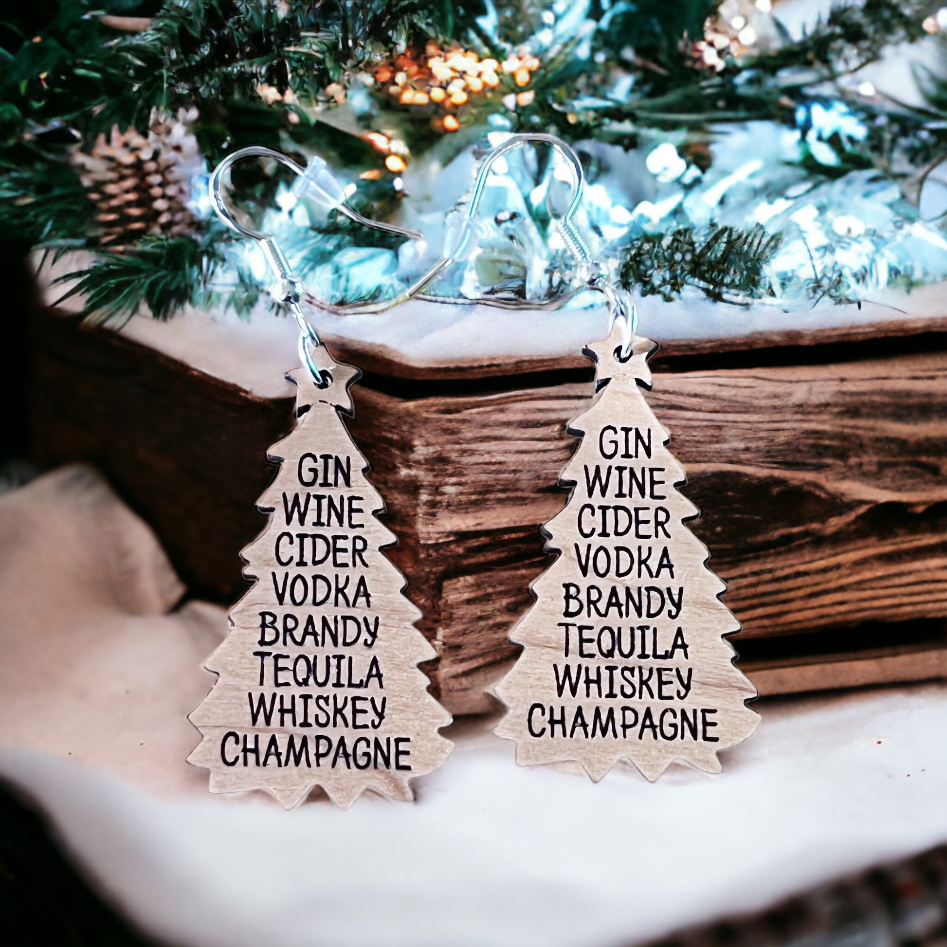 Holiday Drink List Tree Earrings – Funny Wooden Christmas Jewelry
