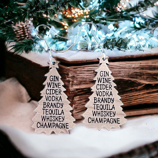 Holiday Drink List Tree Earrings – Funny Wooden Christmas Jewelry