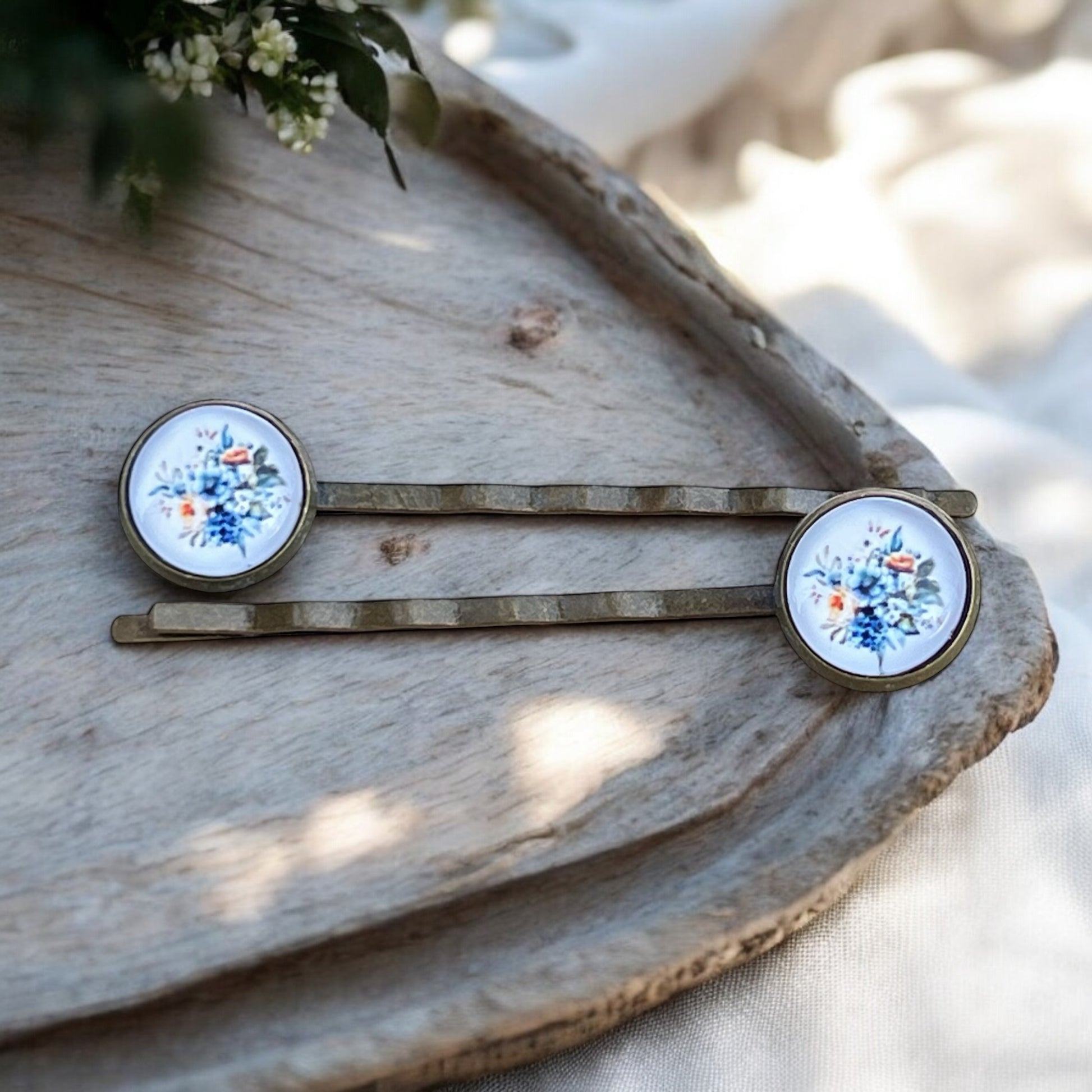 Blue Floral Hair Pins – Set of 2 Vintage Cottagecore Accessories