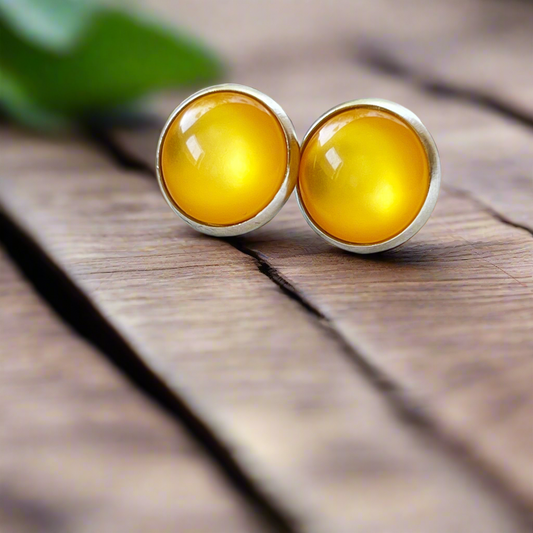 Yellow-Orange Glass Earrings - Bold & Bright 12mm Silver Studs