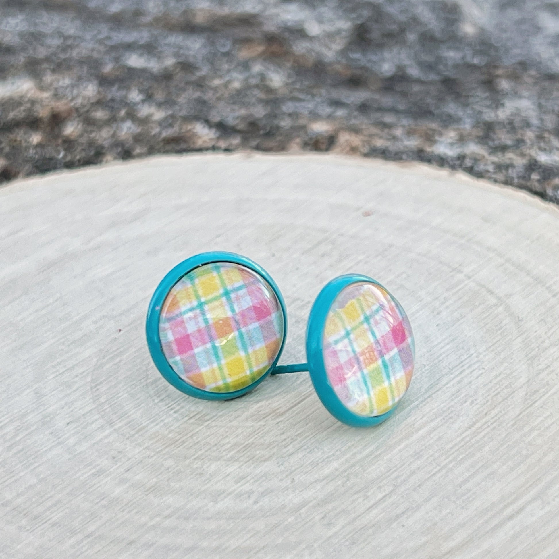 Handmade Pastel Plaid Stud Earrings – 12mm Teal Metal Setting – Spring & Easter Jewelry