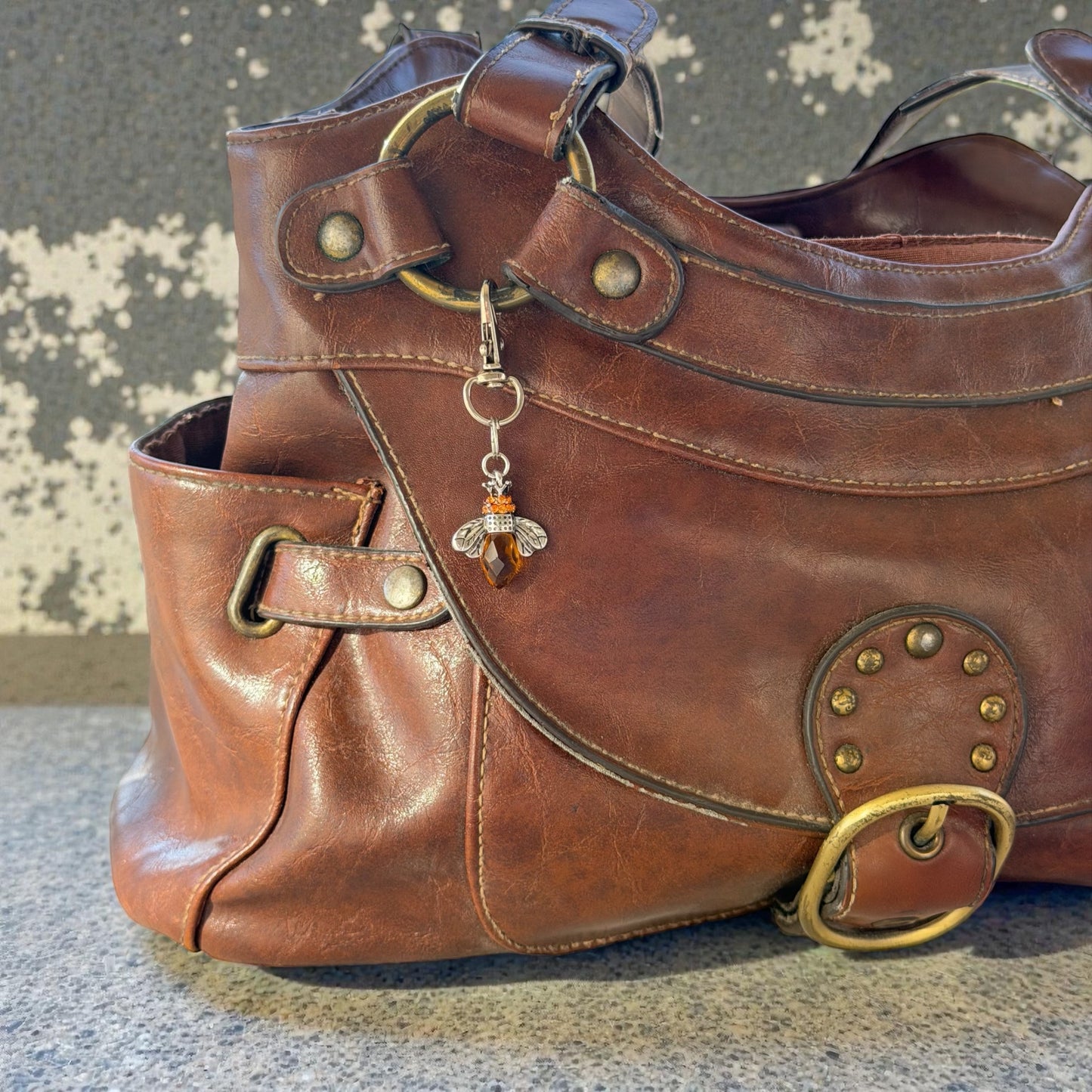 Amber Bee Purse Charm – Silver Boho Nature-Inspired Keychain