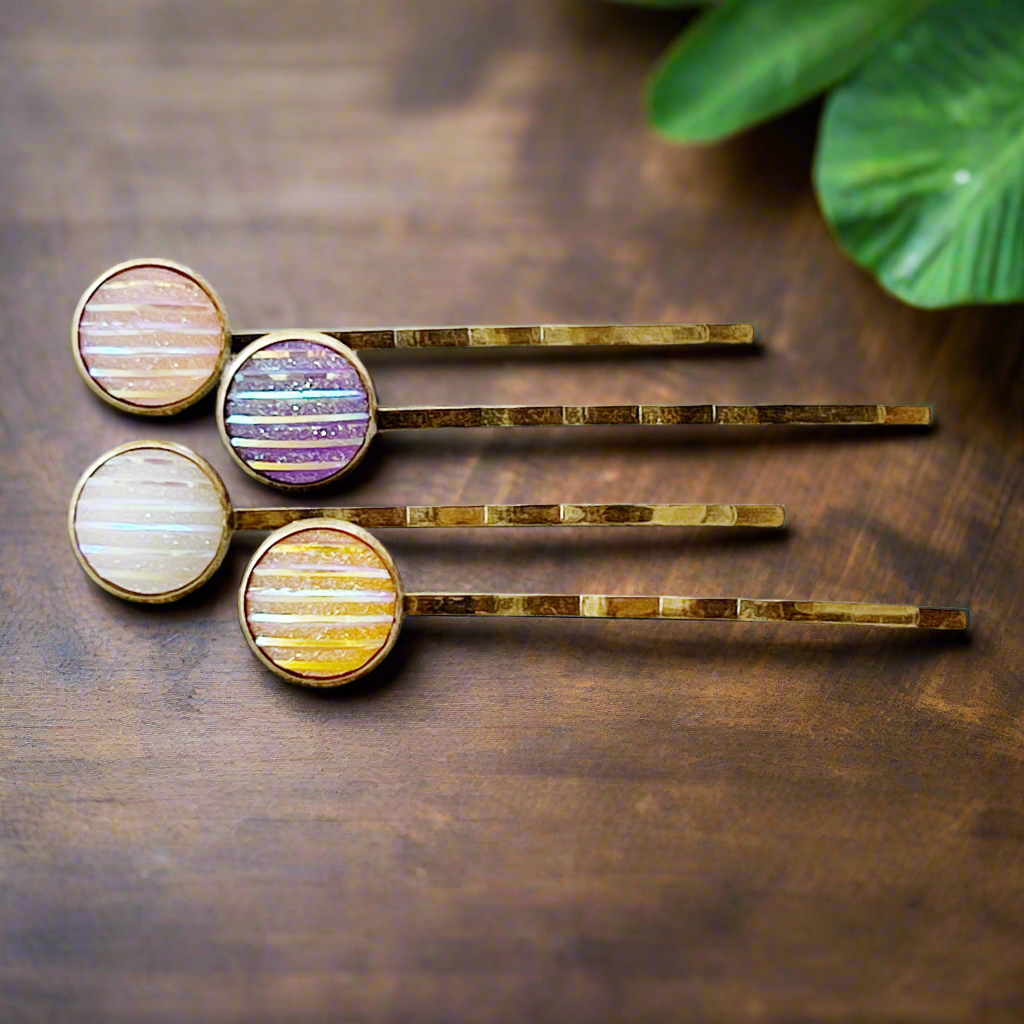 4 Brass Hair Pins - Purple, Yellow, Pink, & White Striped Design