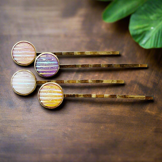4 Brass Hair Pins - Purple, Yellow, Pink, & White Striped Design