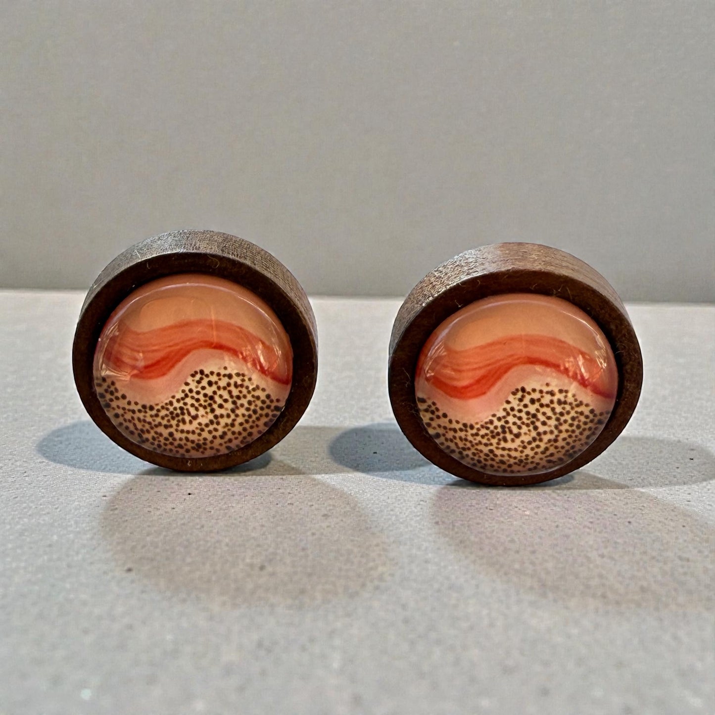 Desert Sunrise Boho Wood Stud Earrings – Peach & Terracotta Dots