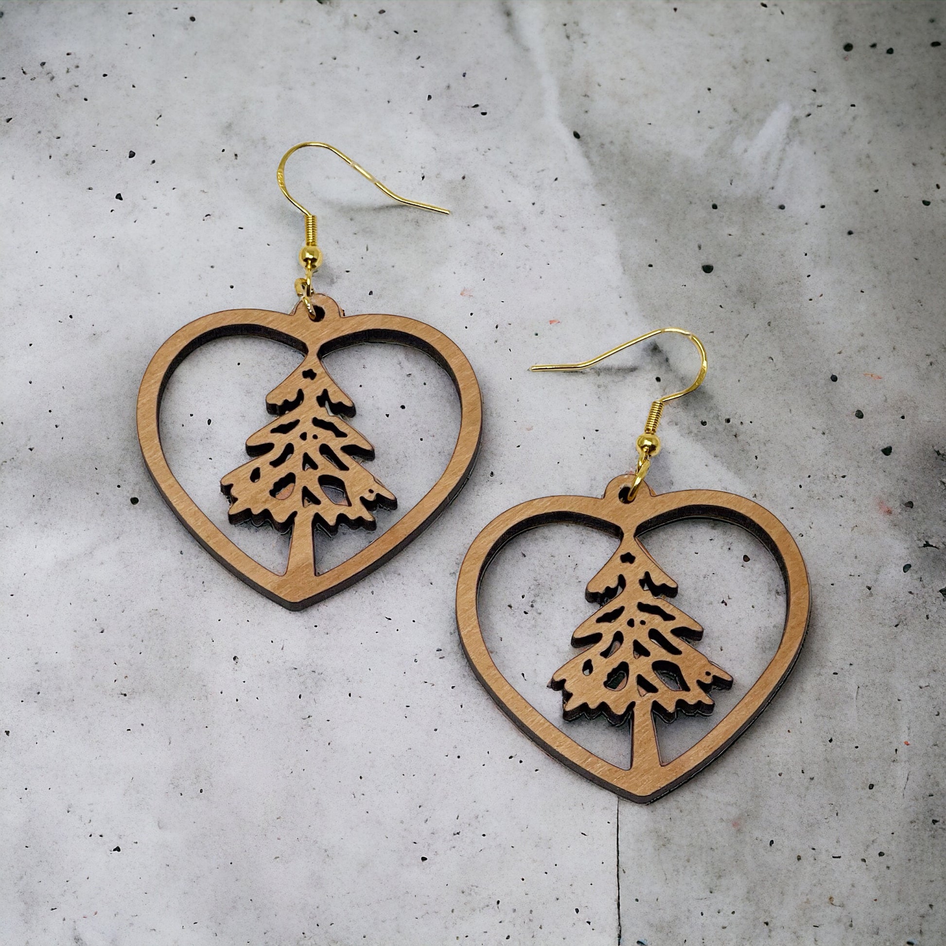 Heart Tree Cutout Earrings – Wooden Christmas Forest Dangles with Gold Hooks